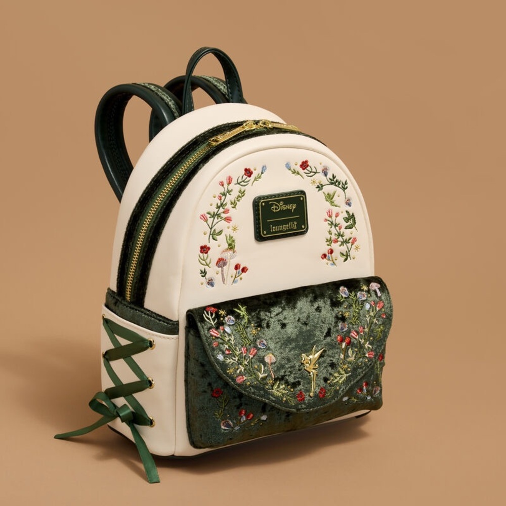 Loungefly Disney Tinker Bell Floral Velvet Green and Cream Mini Backpack - Picture 2 of 7